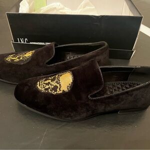 INC International Concepts Black Velvet Loafers with Gold Accent